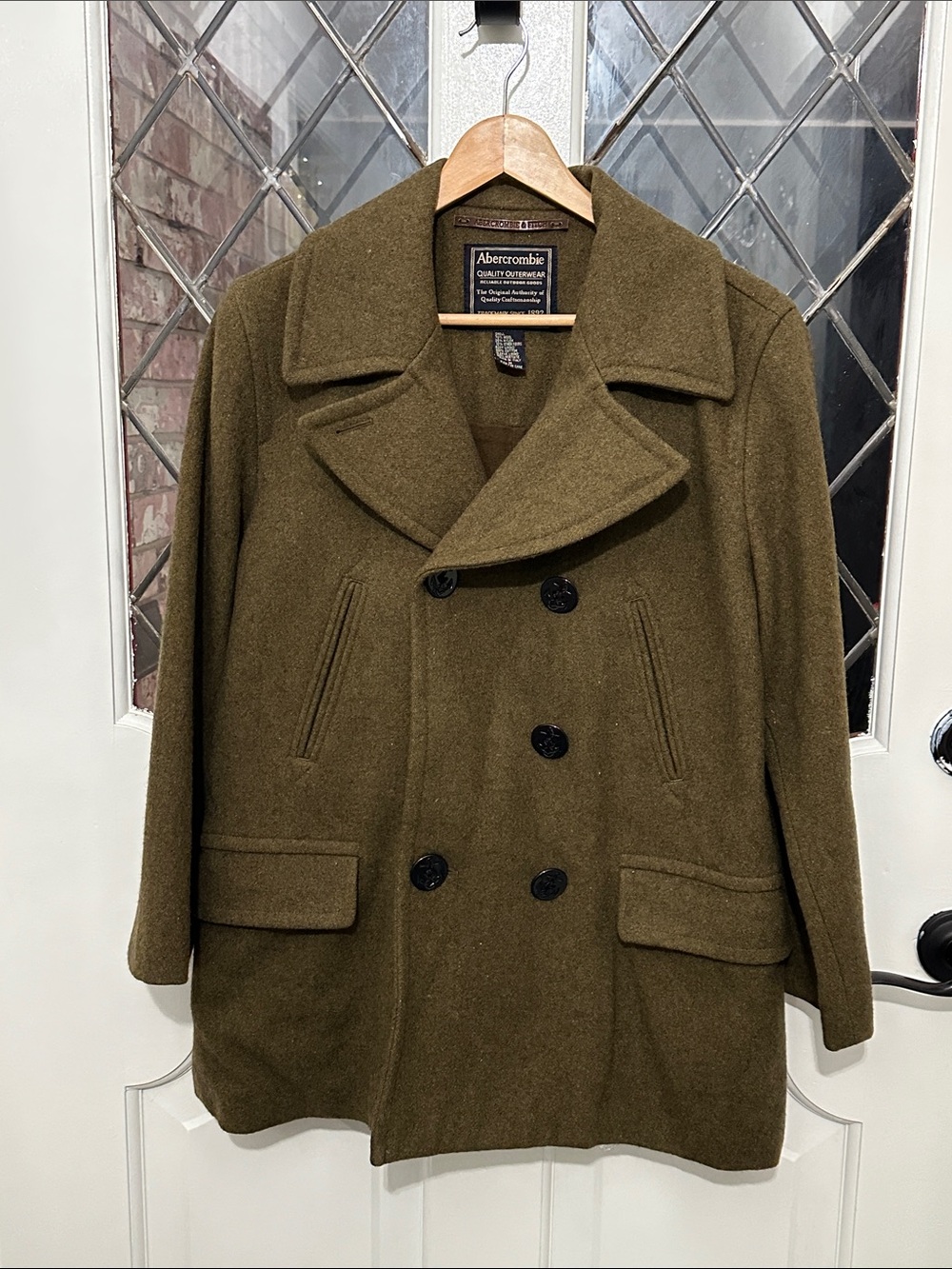 Abercrombie & Fitch Olive Green Double-Breasted Wool Peacoat